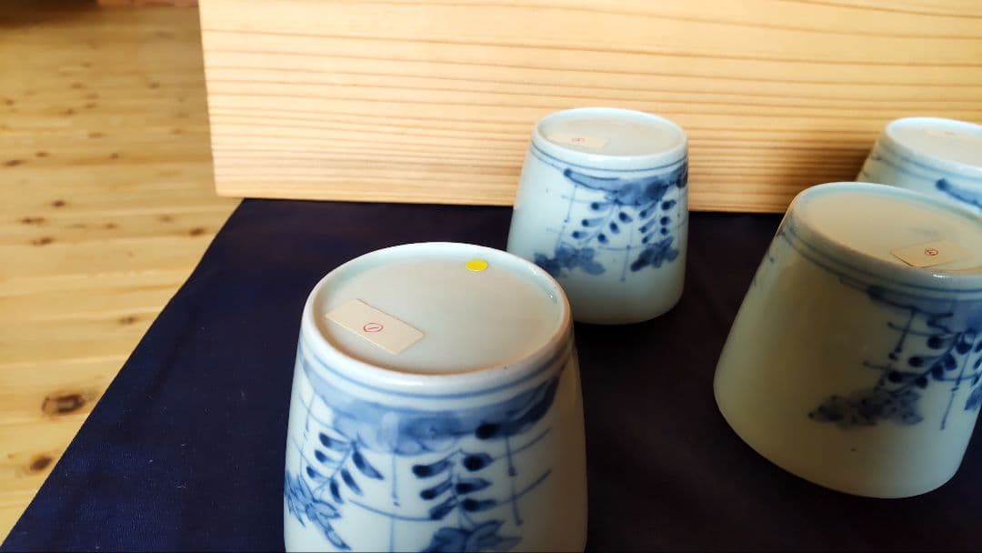 古伊万里 竹垣に桔梗と撫子 蕎麦猪口 五客