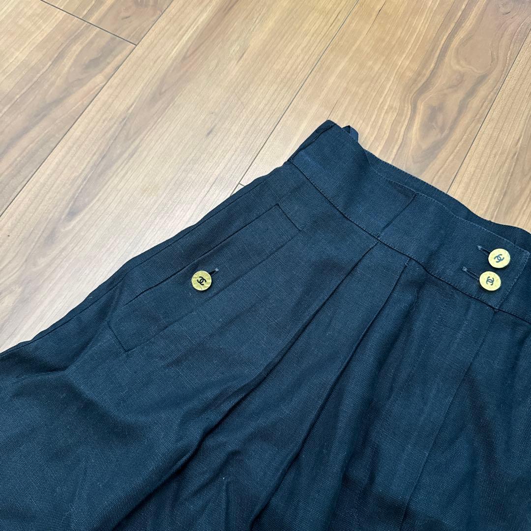 シャネル　キュロットスカート リネン　ヴィンテージ ゴールドココマークボタン