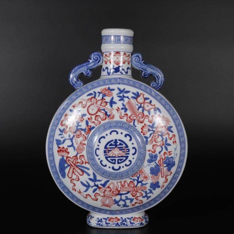 青花釉里紅抱月扁瓶 景徳鎮 陶磁 花瓶 現代工芸品 美術品 装飾品