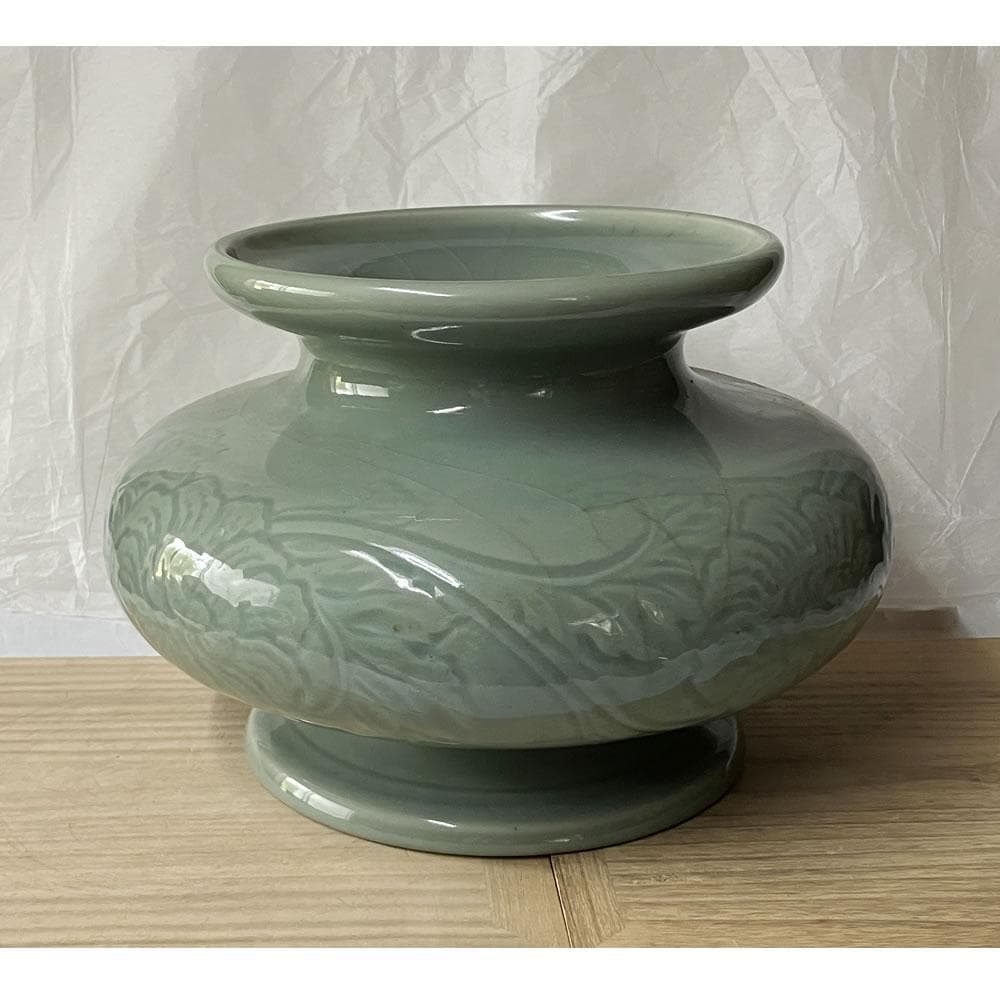 y046 中国古陶磁 青磁 印華紋 壺 木箱入り 花器 中国古美術