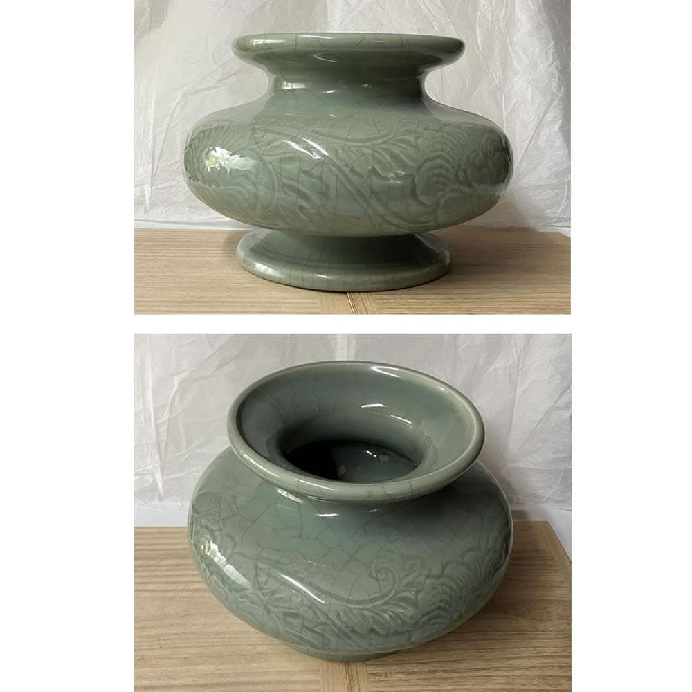 y046 中国古陶磁 青磁 印華紋 壺 木箱入り 花器 中国古美術