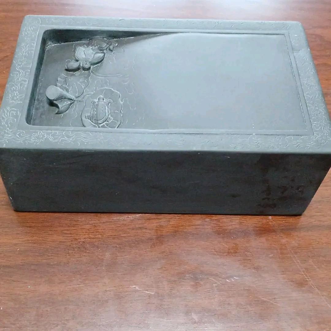 端渓硯　太史硯　硯　亀と蓮花葉彫刻　硯