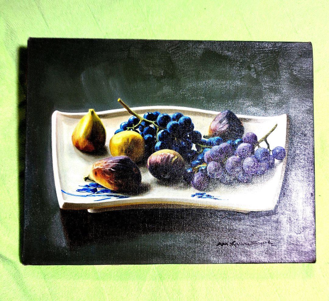 横浜市出身の洋画家川島実の【扇形皿の静物】（果物の静物画 ）、川島実F6号 油彩