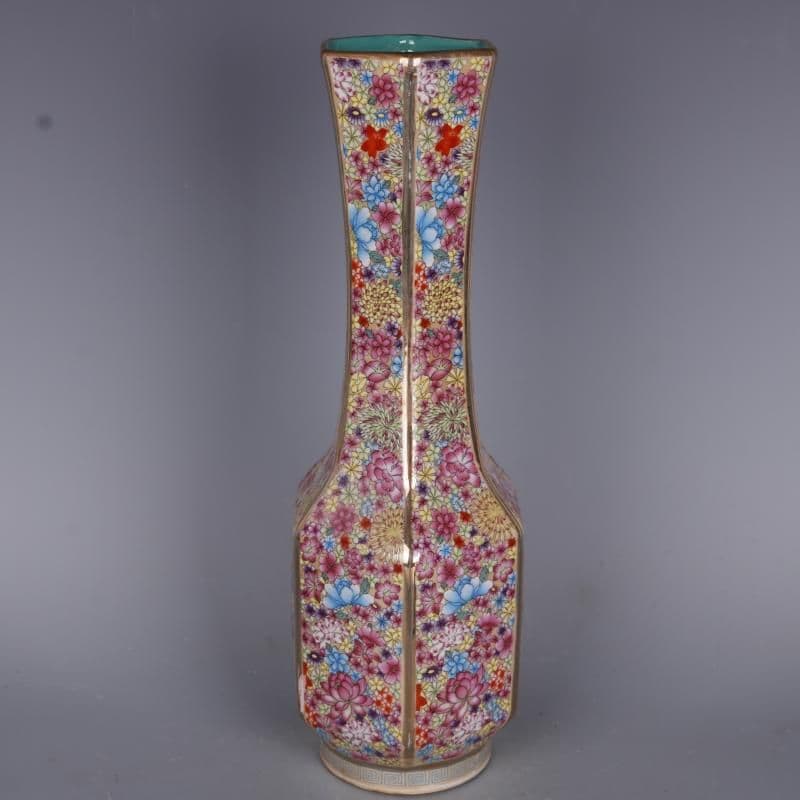 清乾隆琺瑯彩万模様六方挿花器 景徳鎮 陶磁器 装飾品 現代工芸品美術品 置物