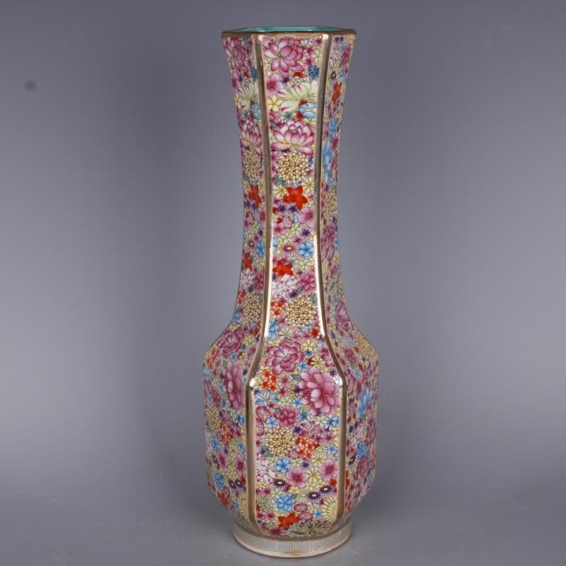 清乾隆琺瑯彩万模様六方挿花器 景徳鎮 陶磁器 装飾品 現代工芸品美術品 置物