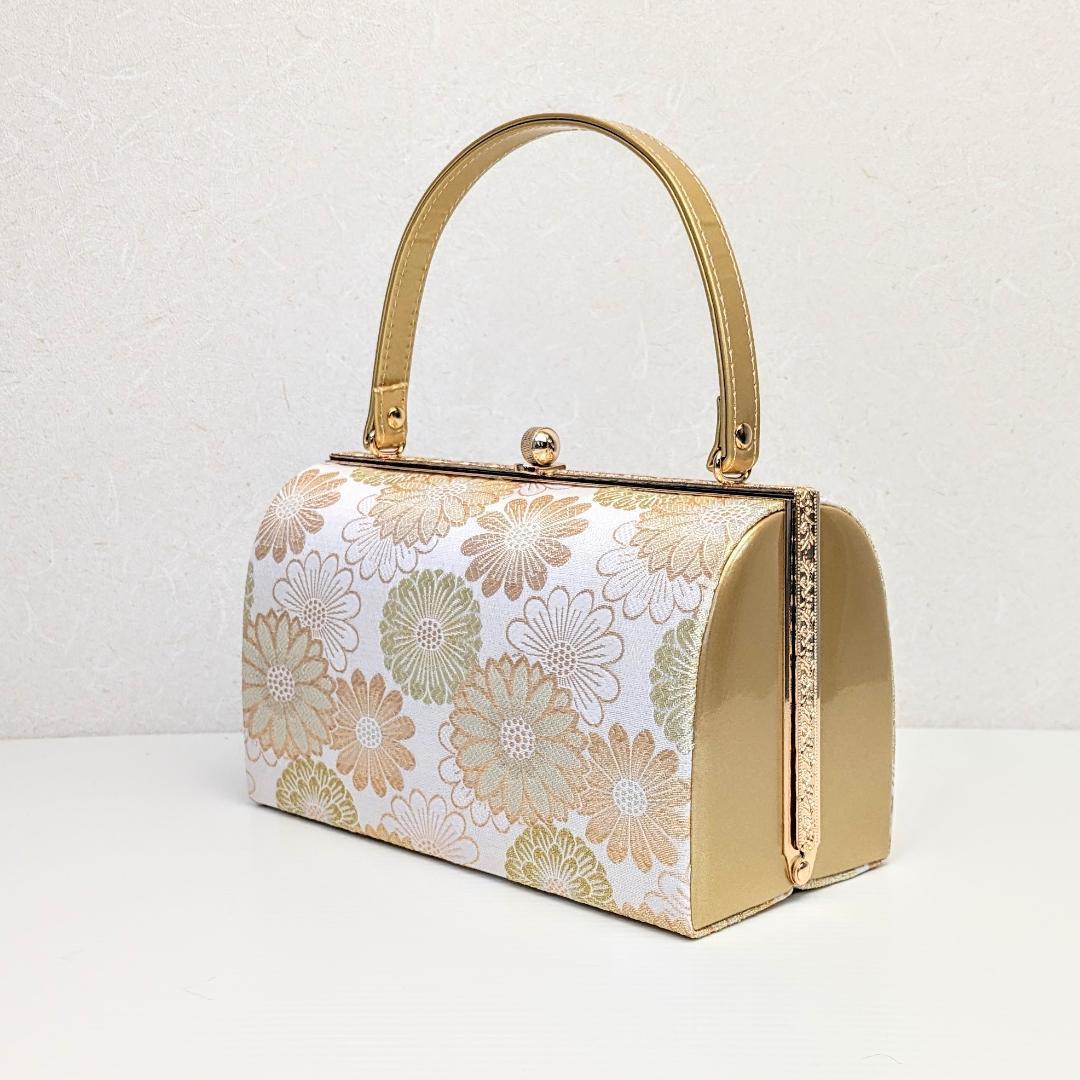 和装 草履バッグセット 白 金 ゴールド 帯地 菊花 古典 フリーサイズ u8