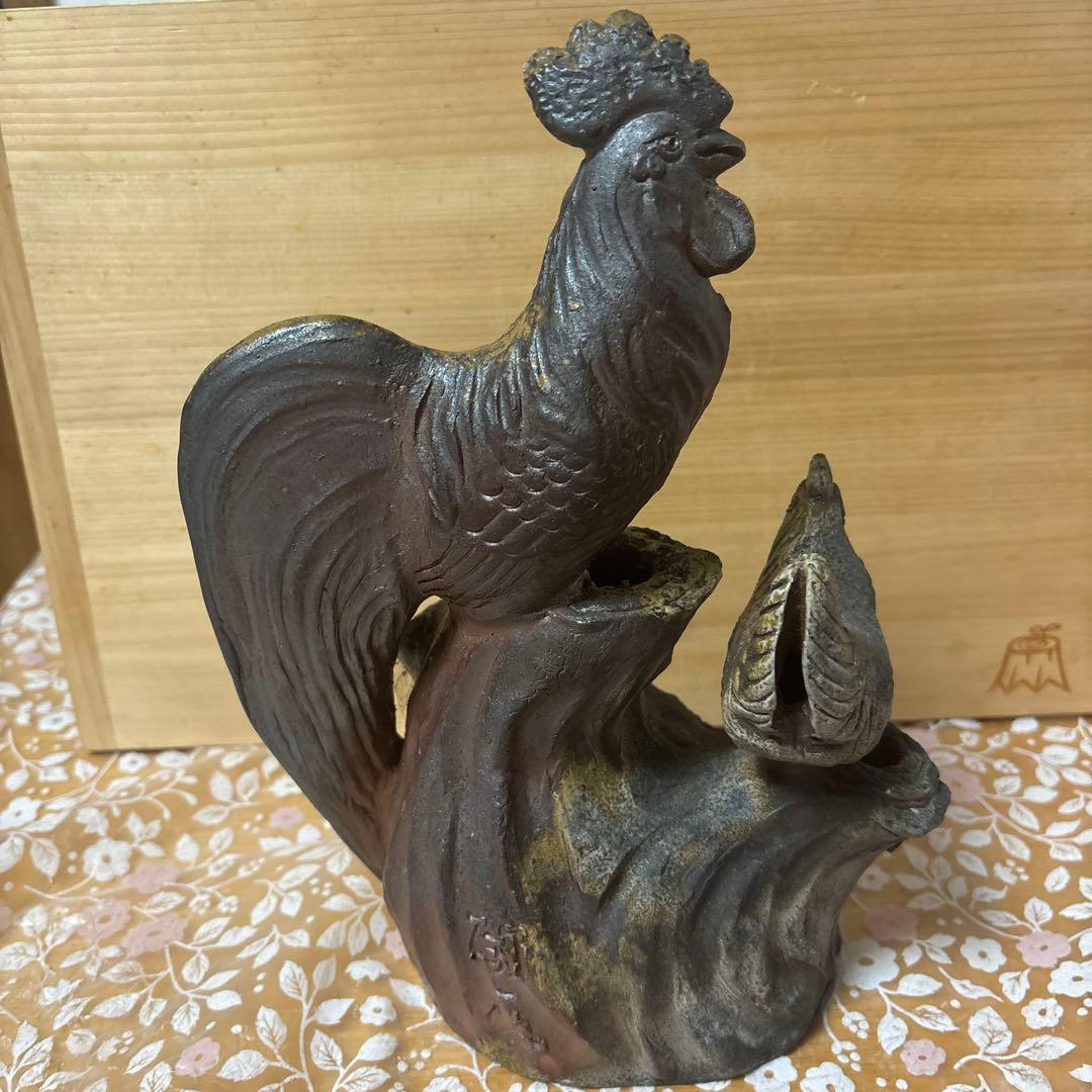 藤原陶臣 備前焼 双鶏の置物