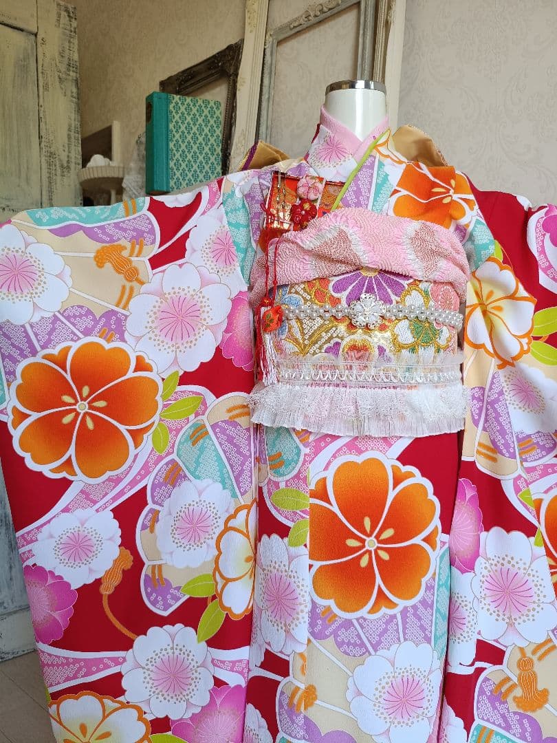 専用です☆レトロポップ調の着物と作り帯セット☆７歳七五三