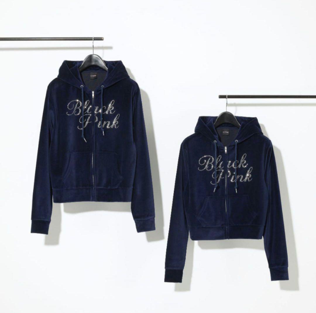 blackpink ベロアジップアップフーディー　shortサイズ　ネイビー