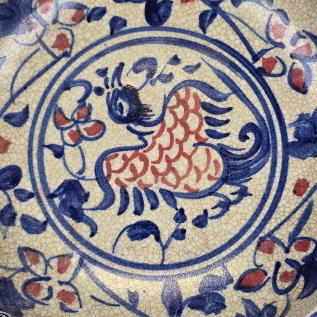 舶来品 中国古磁 青花染付 釉里紅 手絵 花鳥紋 観賞皿 筆洗い 筆添 在銘