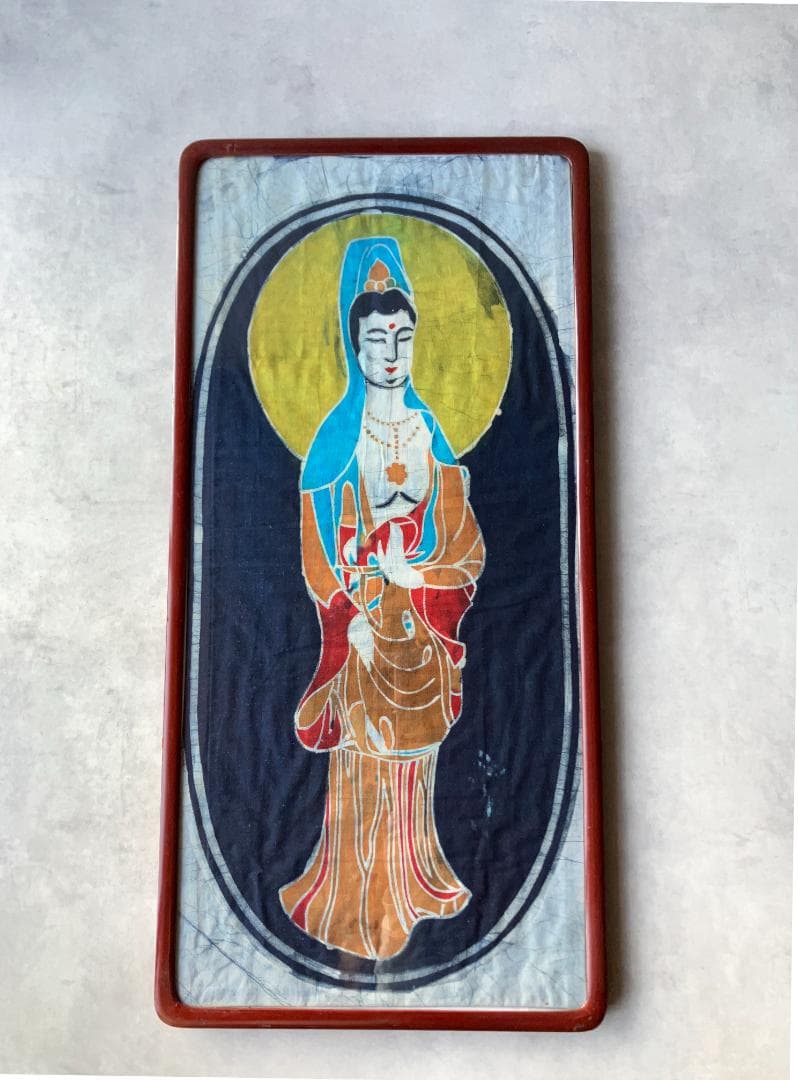 ろうけつ染め観音菩薩×昭和レトロ大判額縁　ヴィンテージ　骨董品　フレーム　布絵