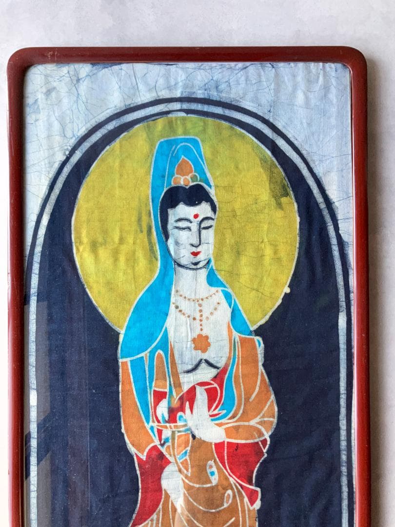 ろうけつ染め観音菩薩×昭和レトロ大判額縁　ヴィンテージ　骨董品　フレーム　布絵