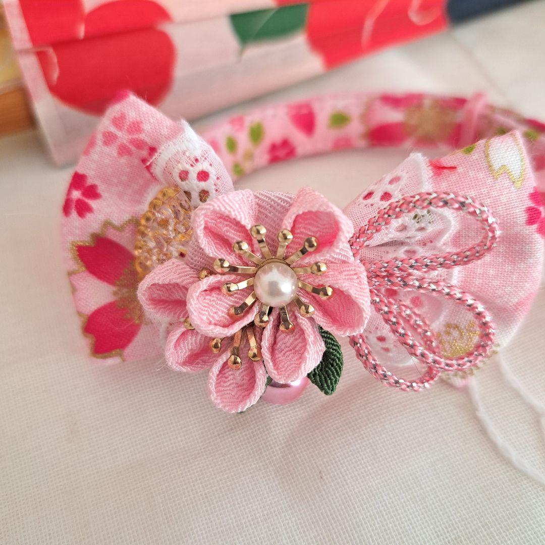 つまみ細工シングルリボン(ピンク)わんちゃん猫ちゃん用首輪