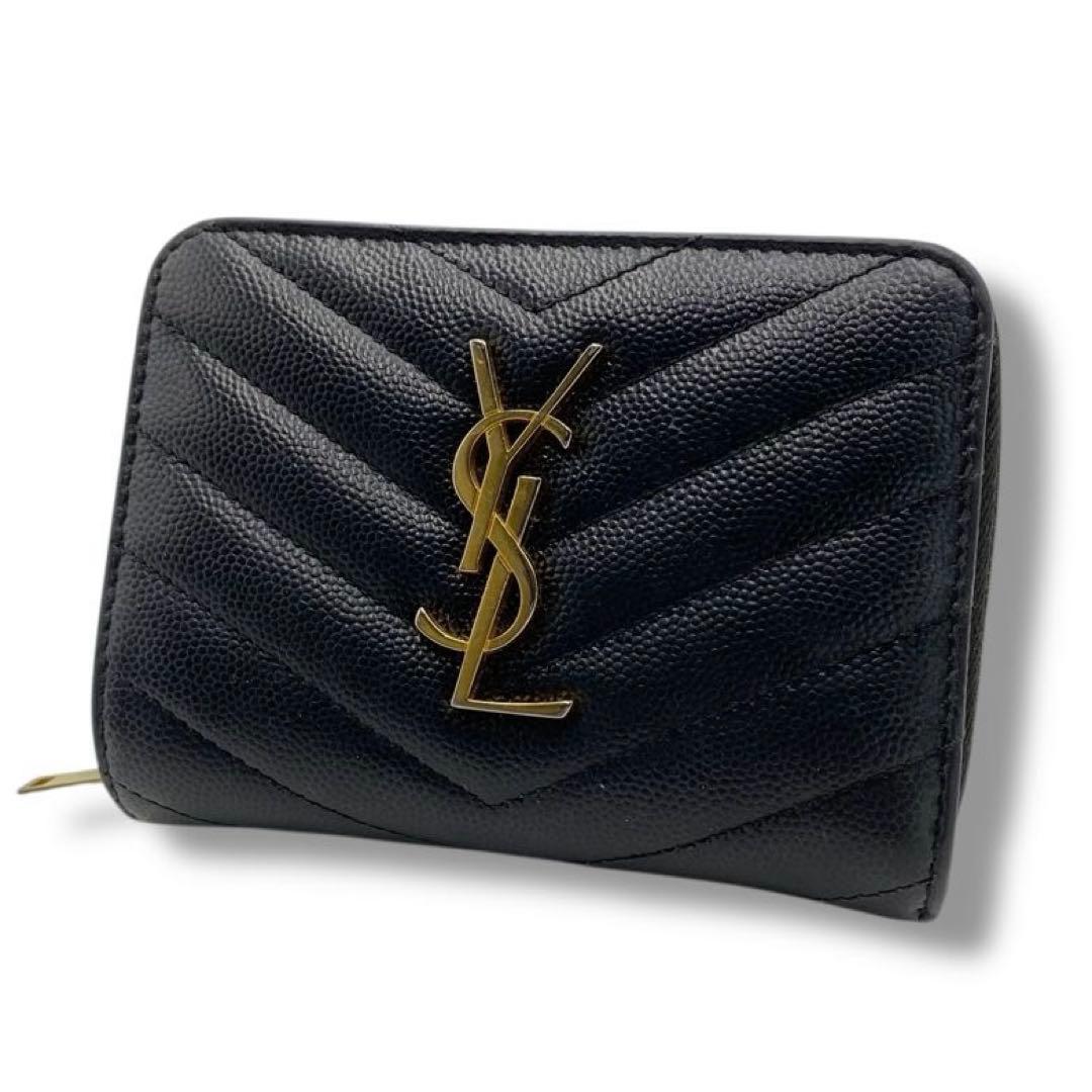 美品 サンローラン 財布 YSL キャビアスキン ブラック コンパクト 折財布