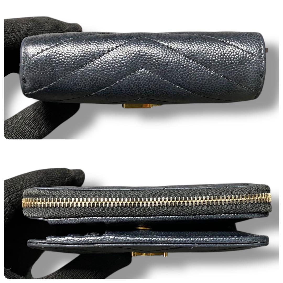 美品 サンローラン 財布 YSL キャビアスキン ブラック コンパクト 折財布