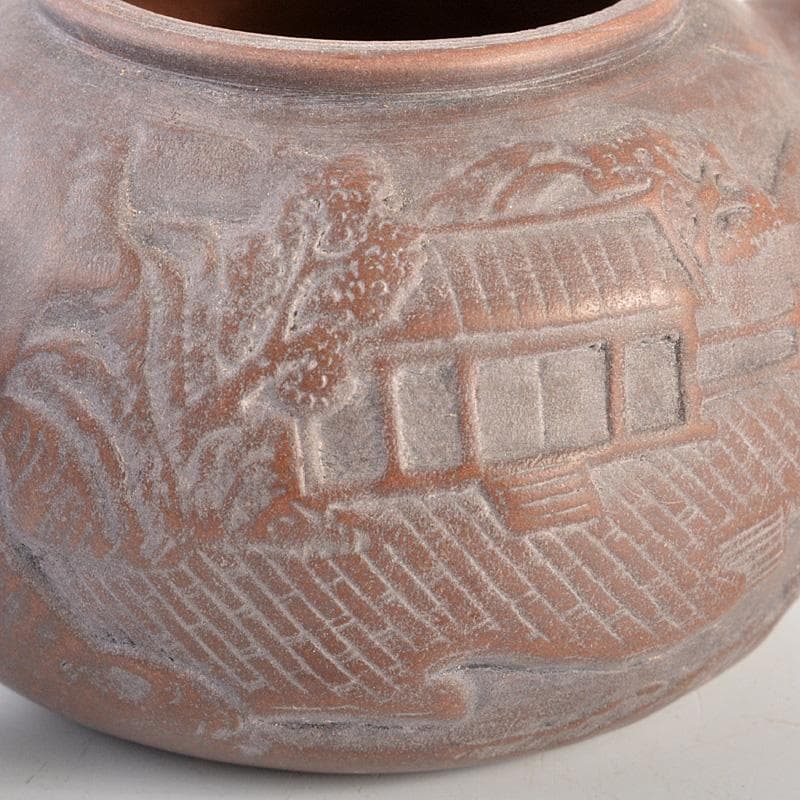 中国　紫砂　朱泥　楼閣山水文　急須　茶壷　在銘　N　6652