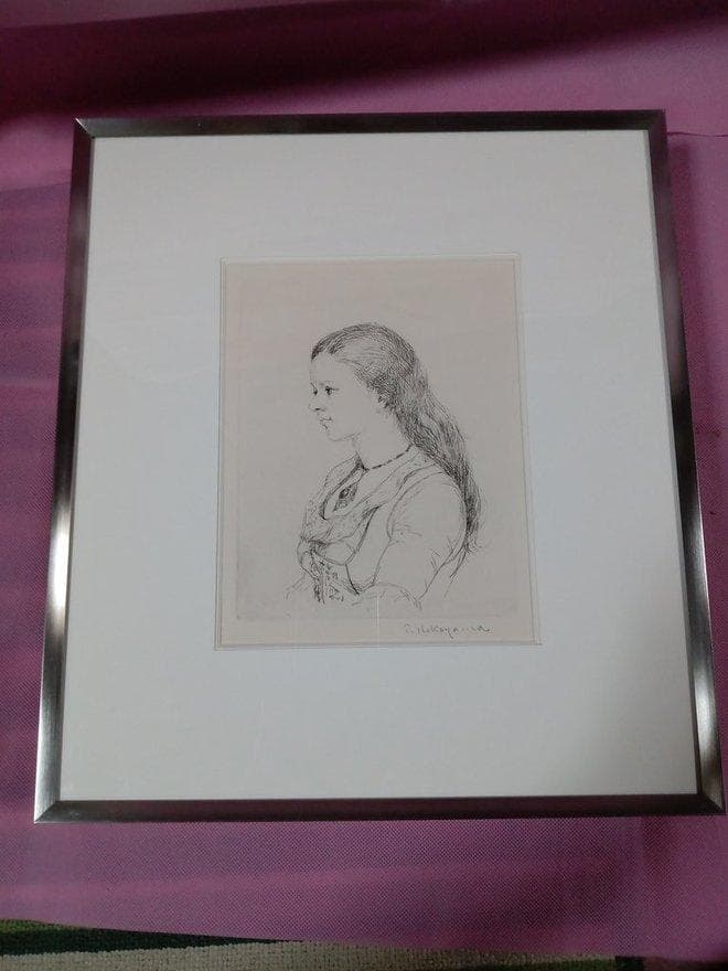 中山忠彦作　銅版画　「首飾りの美女」　額付　サイン有　真作保証品