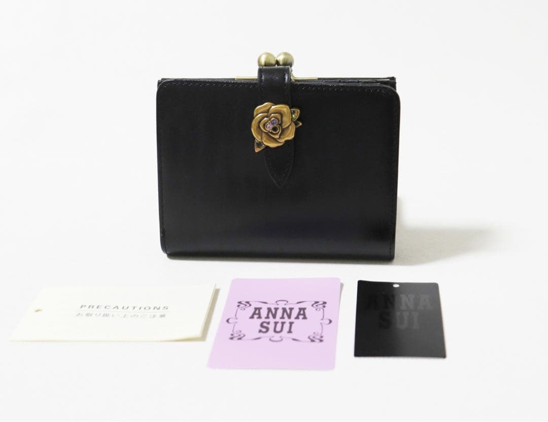 《アナスイ》未使用 ポケット多数 上品薔薇ブローチ付 レザー2つ折りがま口財布