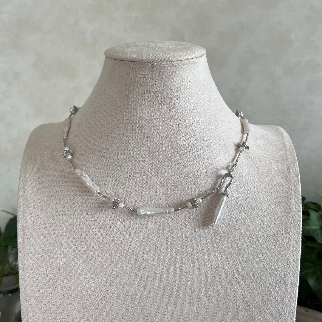 花びらケシパールネックレス　スティックバロックパールネックレス　一連　淡水本真珠