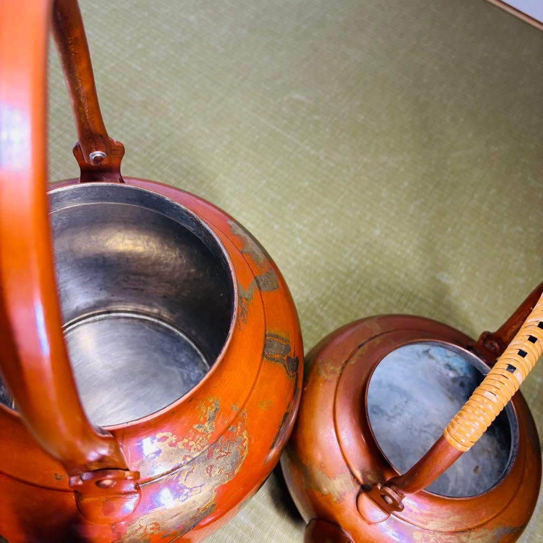 山川堂　夫婦薬缶　茶托　金彩　鎚起銅器口蓋付水次 大型 水注 湯沸し 茶道具