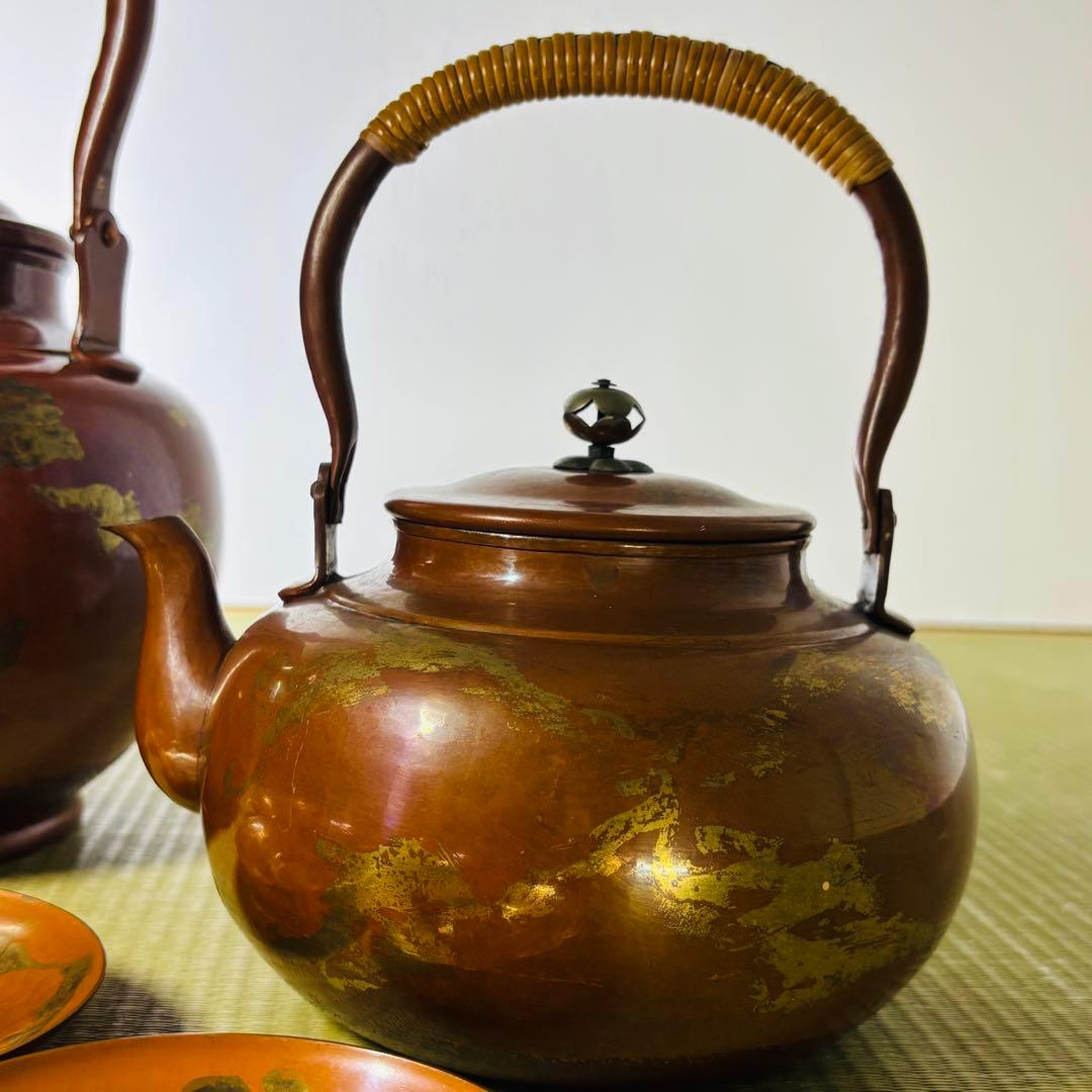 山川堂　夫婦薬缶　茶托　金彩　鎚起銅器口蓋付水次 大型 水注 湯沸し 茶道具