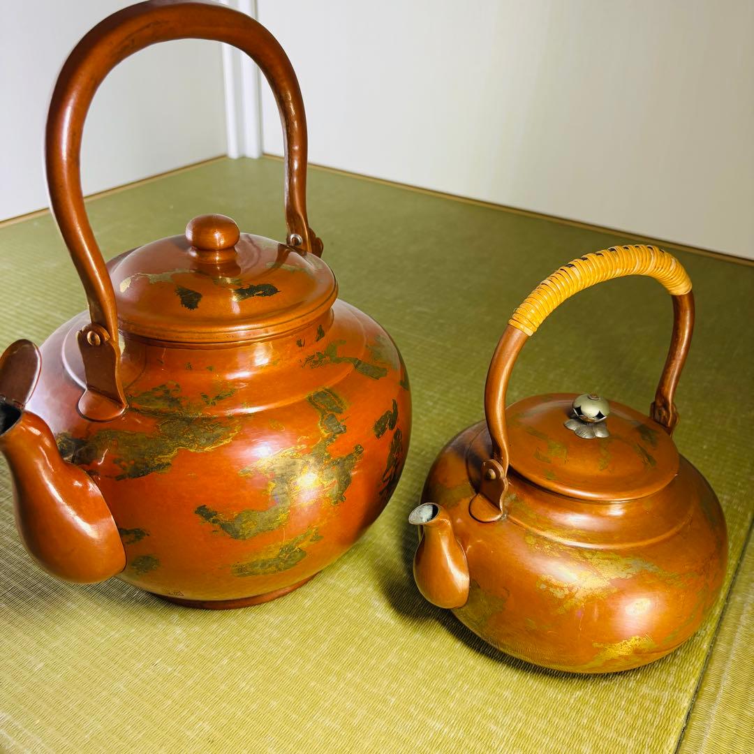 山川堂　夫婦薬缶　茶托　金彩　鎚起銅器口蓋付水次 大型 水注 湯沸し 茶道具