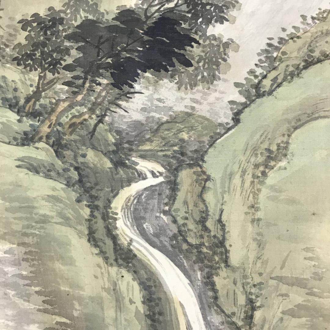 真作/河邨虹外/観瀑画賛/山水図/滝山水人物図/掛軸/名家伝来/AE-222