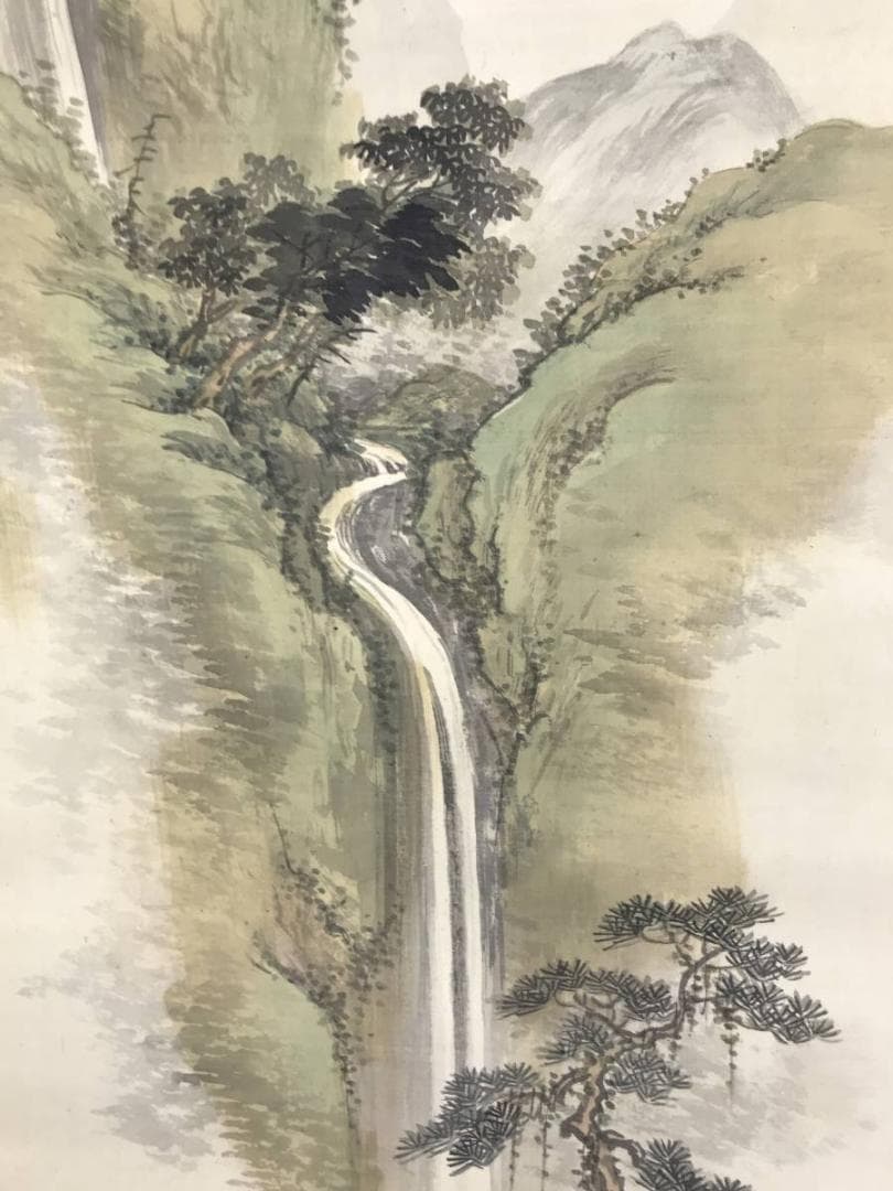 真作/河邨虹外/観瀑画賛/山水図/滝山水人物図/掛軸/名家伝来/AE-222