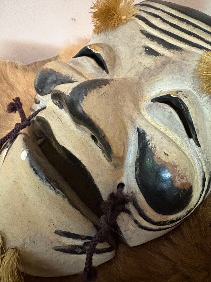 能面 木製 黒白　コットン　ビンテージ　日本