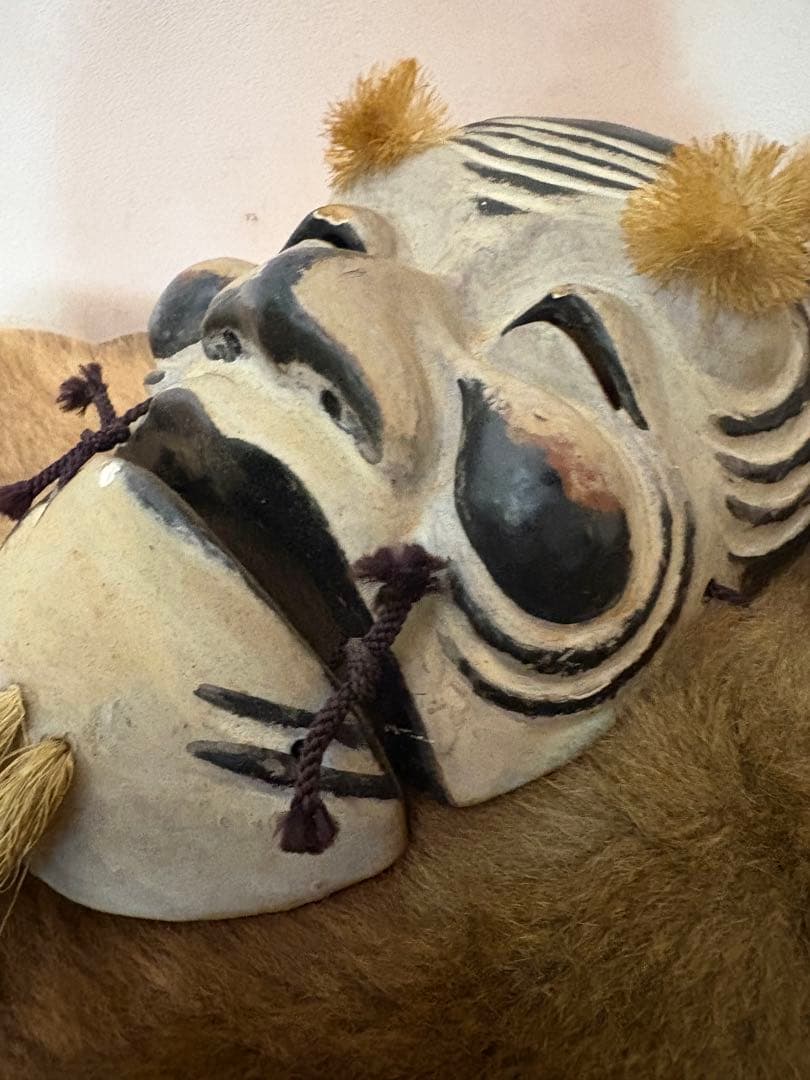 能面 木製 黒白　コットン　ビンテージ　日本