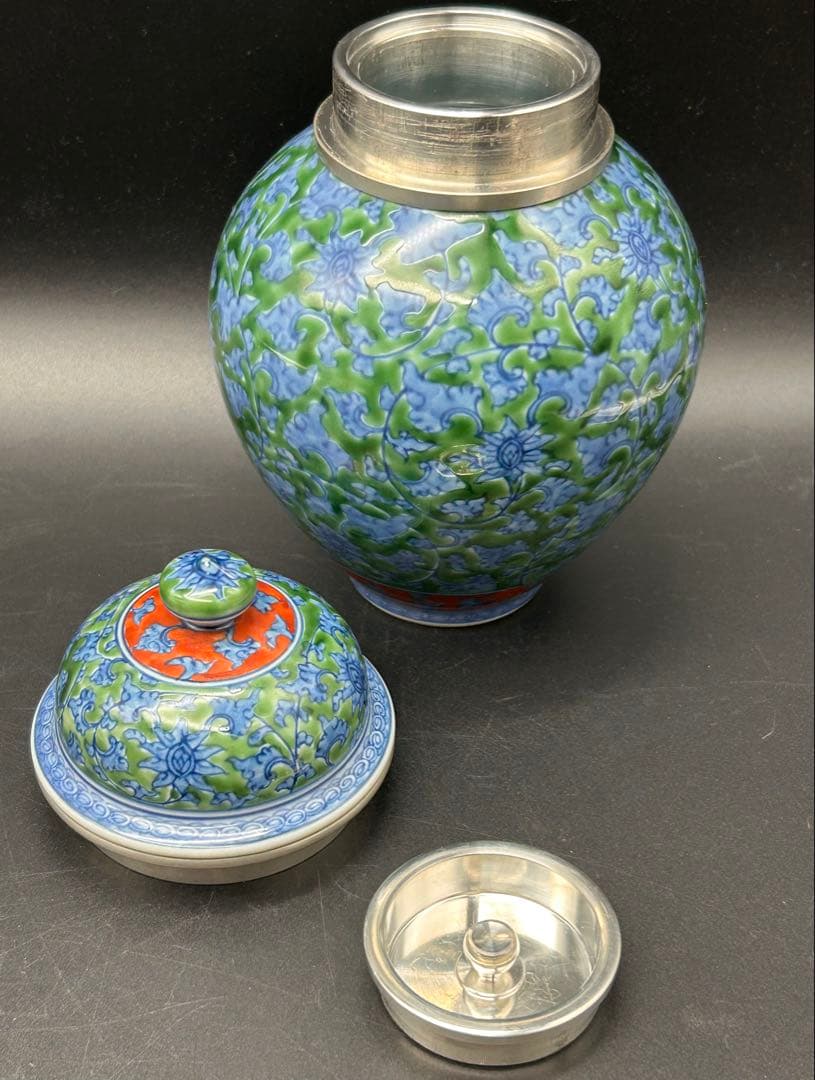 【希少】源右衛門窯　館林源右衛門　緑彩唐草文　錫口　茶壺　茶道具　有田焼 共箱