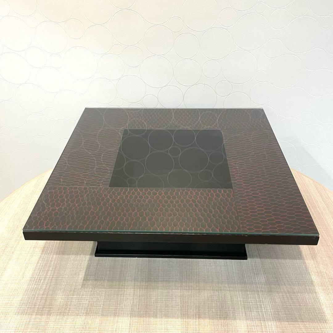 飾り台 漆塗り風 ローテーブル フクロウ装飾 座卓 ガラストップ 和モダン