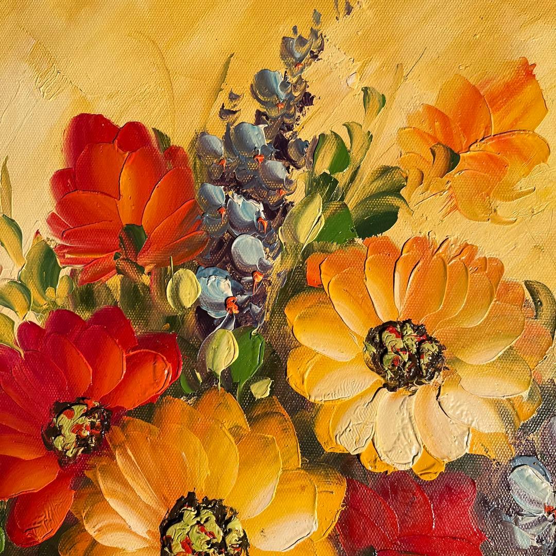 手書き油絵 花瓶の花 額付 肉筆絵画 インテリア 油彩画