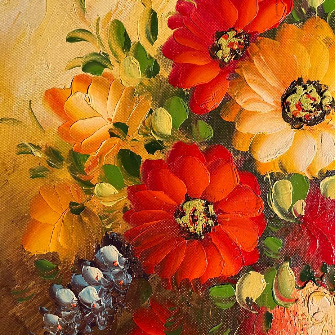 手書き油絵 花瓶の花 額付 肉筆絵画 インテリア 油彩画