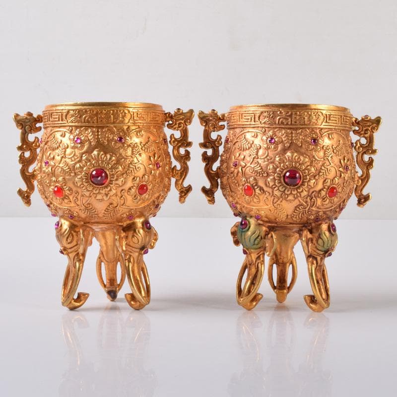 中国　古銅鍍金　双耳三つ足杯　一對　時代箱付　V　7593A