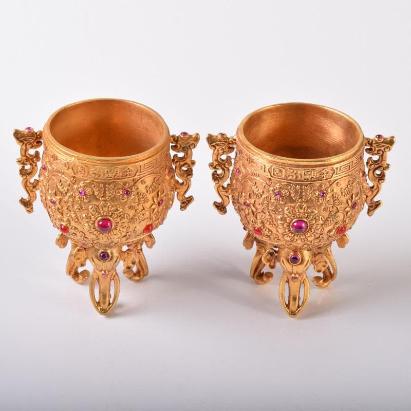 中国　古銅鍍金　双耳三つ足杯　一對　時代箱付　V　7593A