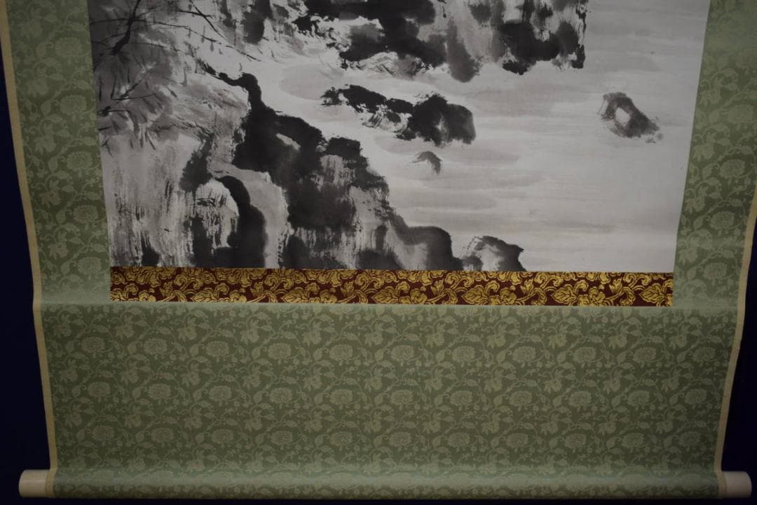 真作/濱田晴山/浜田晴山/山水/渡し舟画山/大幅/布袋屋掛軸HJ-489