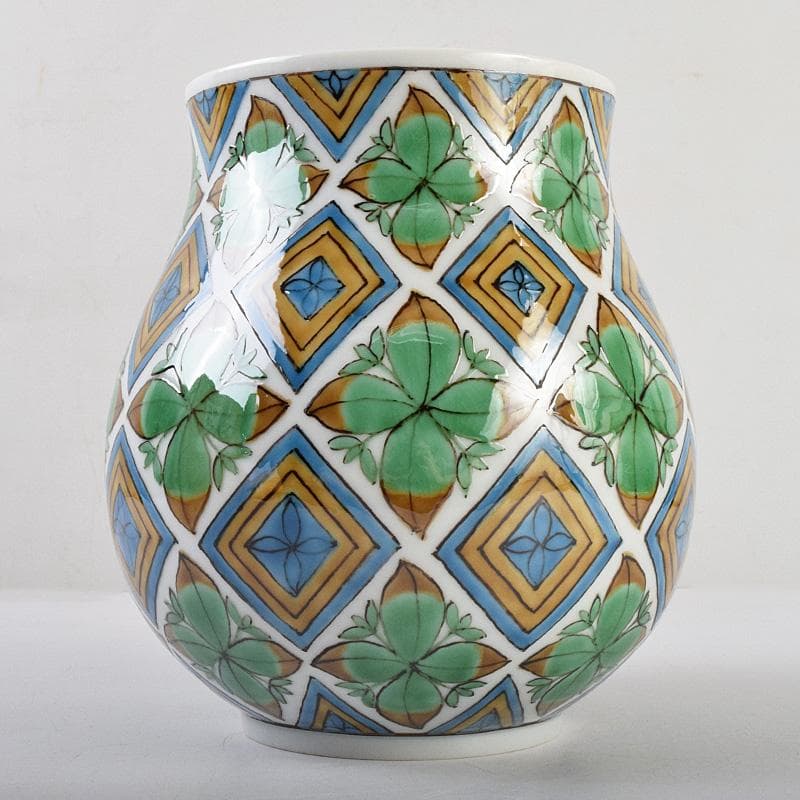 九谷焼　宮川哲爾造　色絵草花更紗文　花器　共布共箱　M　R9235B