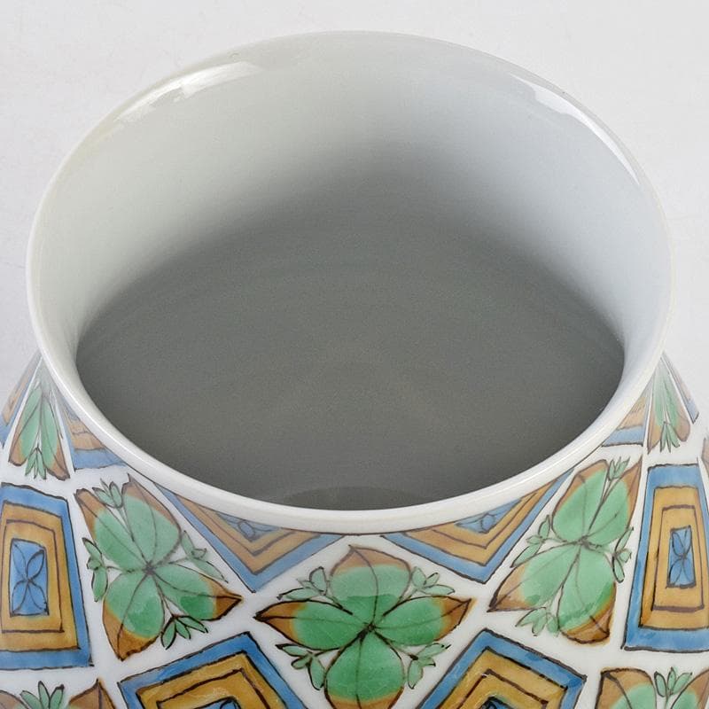 九谷焼　宮川哲爾造　色絵草花更紗文　花器　共布共箱　M　R9235B