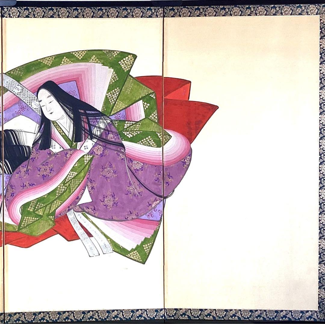 四つ折り屏風　日本画　紙本彩色　『平安十二単』