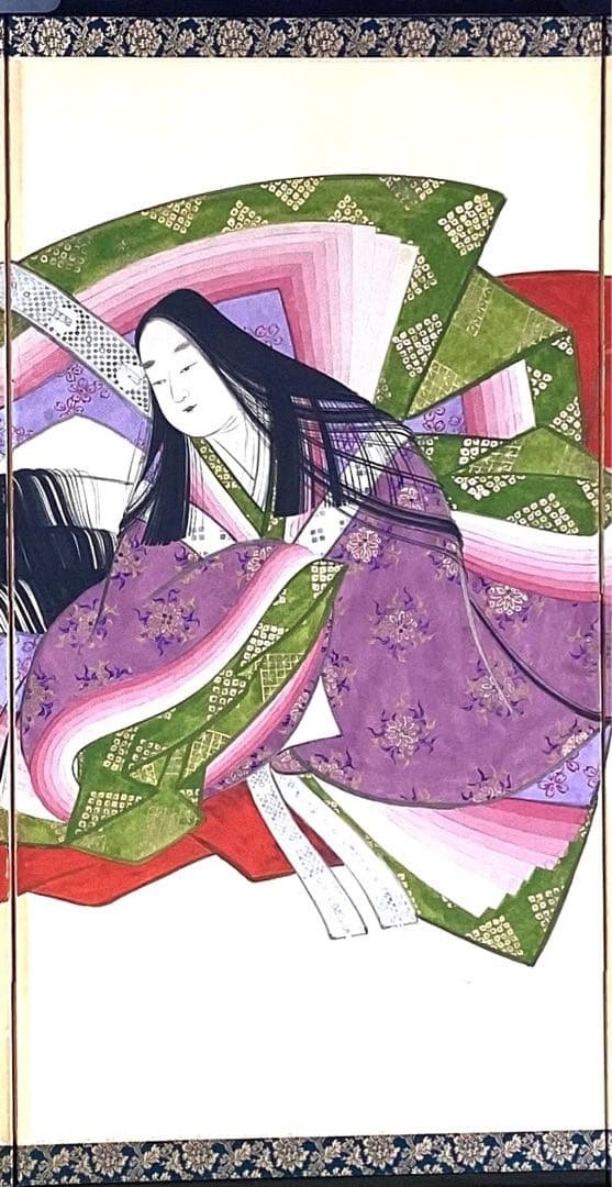 四つ折り屏風　日本画　紙本彩色　『平安十二単』