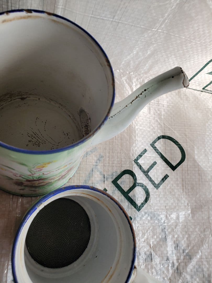 フランス　アンティーク　ホーロー　ポット　ダブルビギン　グリーン