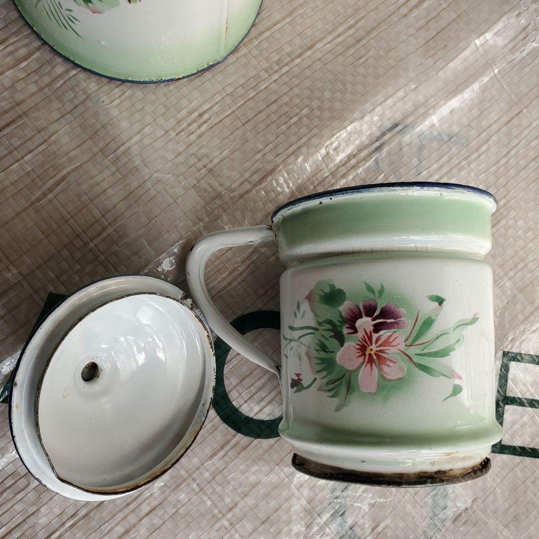 フランス　アンティーク　ホーロー　ポット　ダブルビギン　グリーン