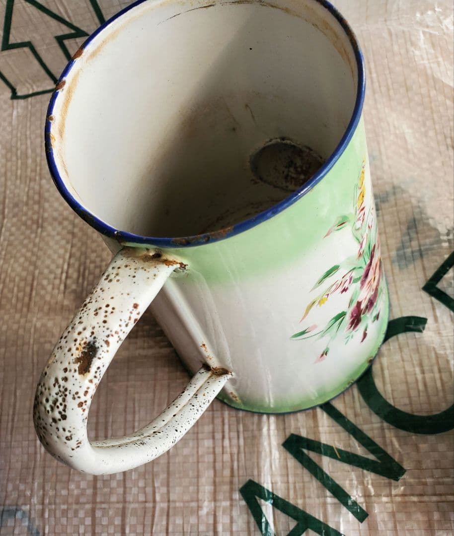 フランス　アンティーク　ホーロー　ポット　ダブルビギン　グリーン