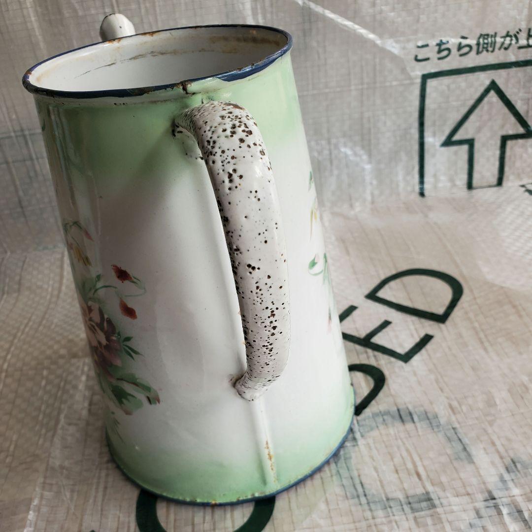 フランス　アンティーク　ホーロー　ポット　ダブルビギン　グリーン