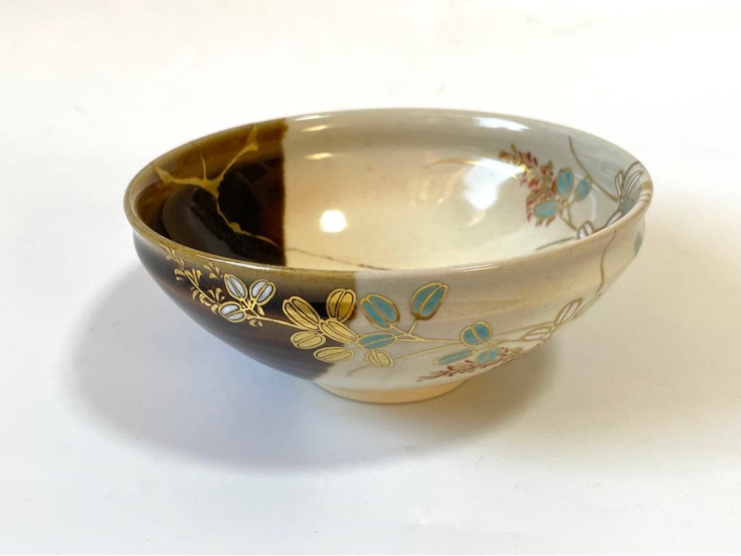 陶芸家　宮川香雲　掛分　色絵　萩文様　平茶碗　竜谷