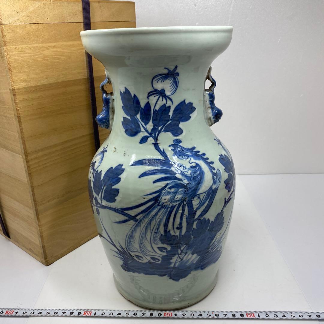 専用中国清時代　染付　花鳥紋　花瓶　高さ約33.2㎝　木箱付　東さ7-0304①