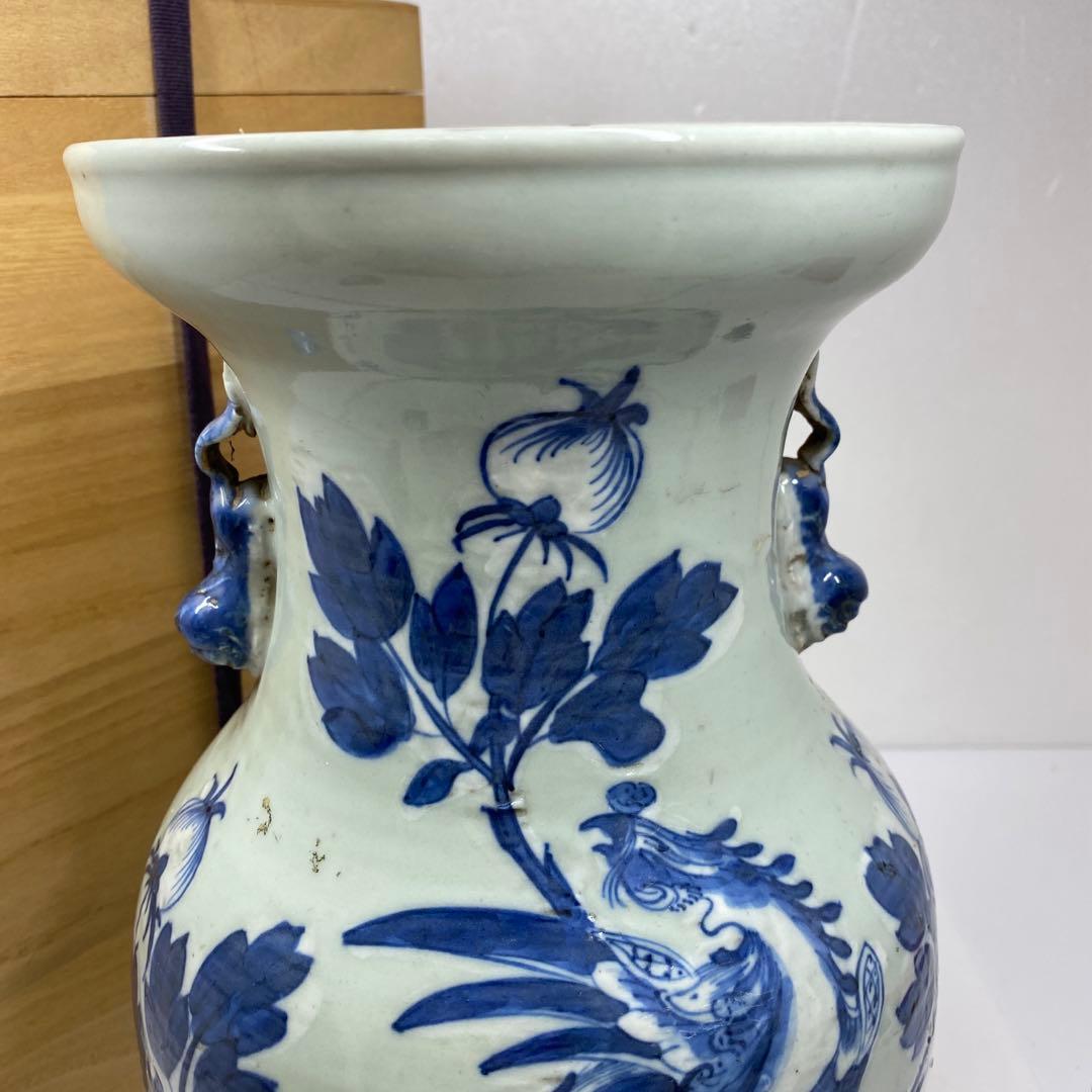 専用中国清時代　染付　花鳥紋　花瓶　高さ約33.2㎝　木箱付　東さ7-0304①