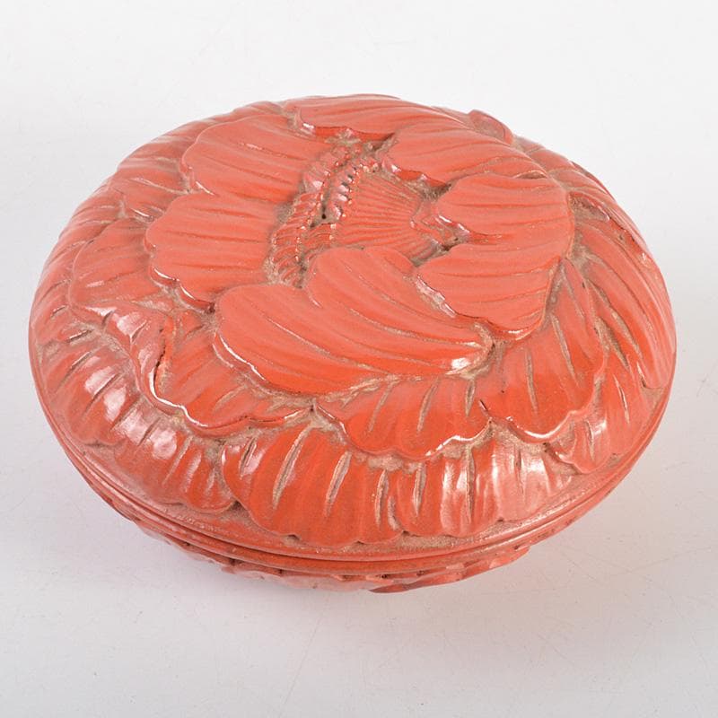 茶道具　朱塗　鎌倉彫　牡丹文　香合　箱付　V　6299