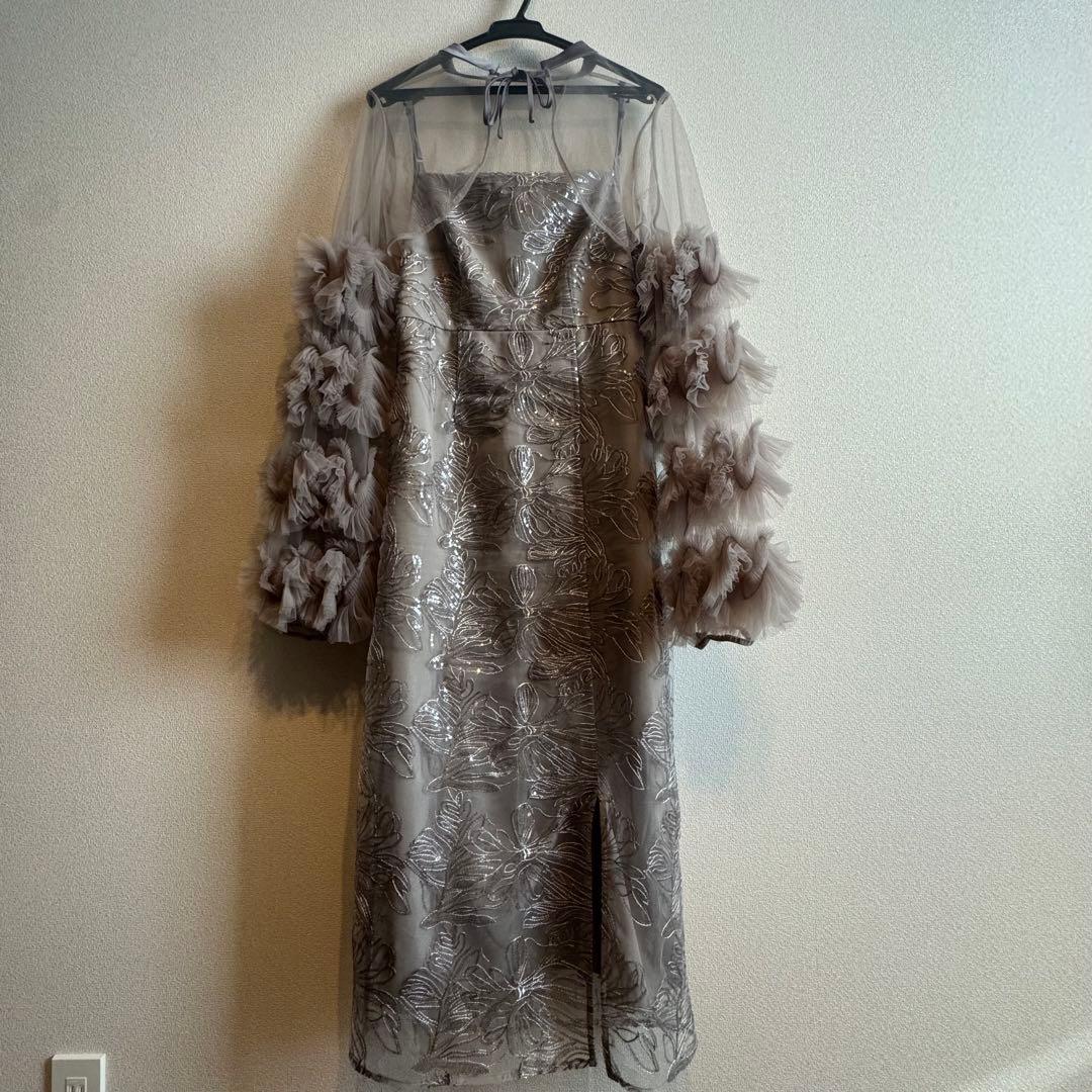 LEJA フリルチュールスリーブリボンIラインワンピースドレス